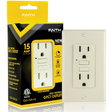 FAITH Self-Test 15A GFCI Outlet Receptacle, Light Almond GLS-15A-LA